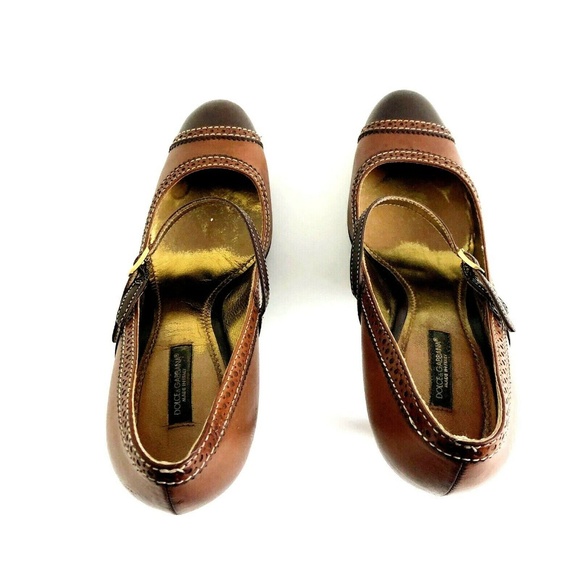 Dolce Gabbana 38 Two Tone Brown Leather Heels Wood - Picture 4 of 8